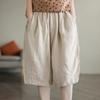 Pantaloni semplici casual da donna estivi in cotone e lino retrò letterario a tinta unita con elastico in vita taglia grande pantaloni a cinque punti
