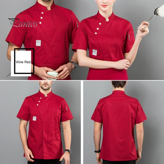 Solid Color Chef Top Slanted Collar Button Short Sleeve Pocket Hotel Workwear Professional Stand Cardigan Catering Uniform Kitchen Clothes Waiter