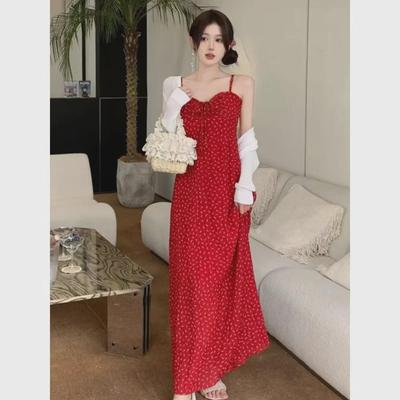 2024 Summer Korean Red Floral Suspender Dress: Slim, Elegant French Holiday Style