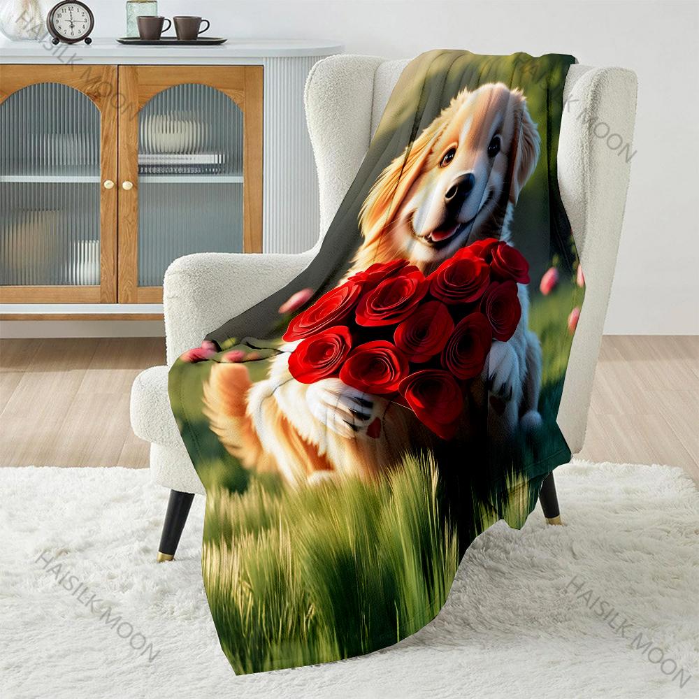 Puppy and Roses Print Blanket Warm Soft Fluffy Kids and Adults Sofa Bed Throw Blanket for Home Travel Camping Multi-Size
