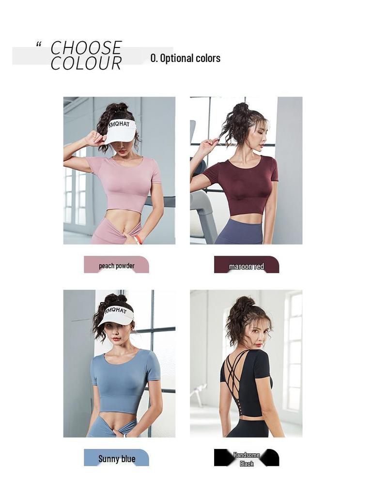 Women's Short Sleeve Yoga Crop Top with Chest Pads - Tight Fit Running and Fitness Vest