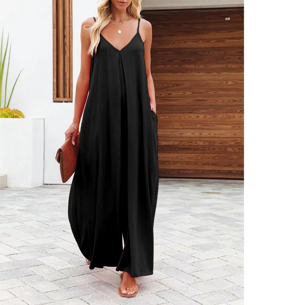 Summer Women Jumpsuit Loose Polyester Sling Solid Color Pocket Wide Leg Lady Jumpsuit Casual Non-fade Sleeveless Women Romper