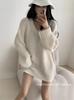 Retro V-neck Loose Knit Sweater for Women - Long Sleeve Mid-length