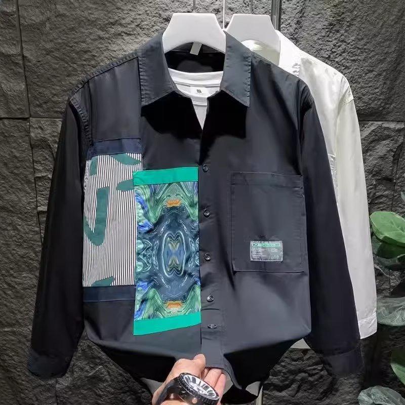 Men's Fashionable Long-Sleeve Spring/Autumn Shirt - Trendy Color-Blocked Top, Youthful Loose-Fit Jacket