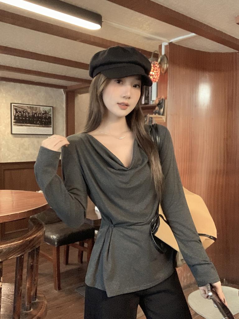 Gray lazy wind pleated off-the-shoulder one-word collar loose solid color long-sleeved T-shirt new Korean version autumn women's top