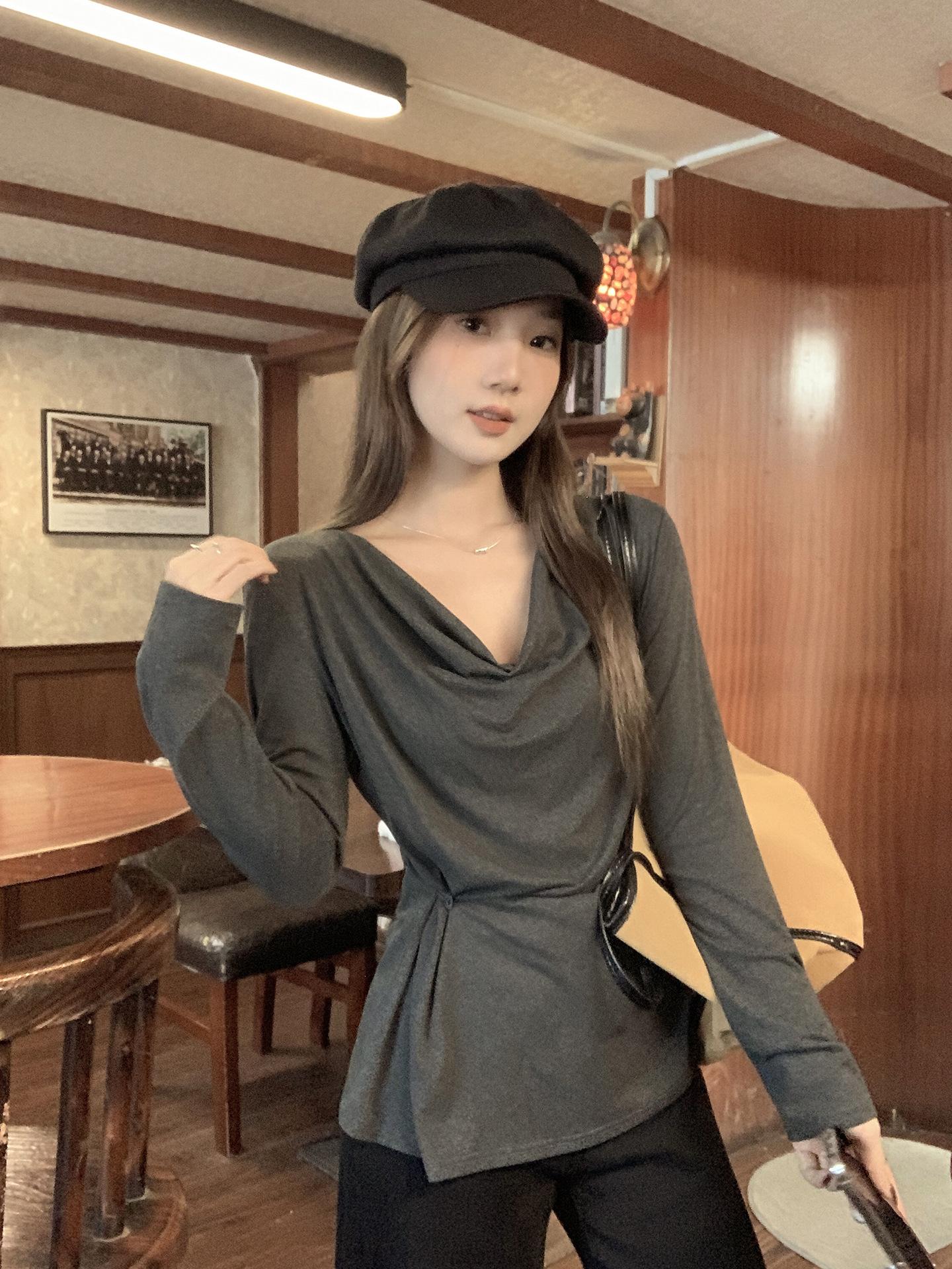 

Gray lazy wind pleated off-the-shoulder one-word collar loose solid color long-sleeved T-shirt new Korean version autumn women s top XL темно-сірий