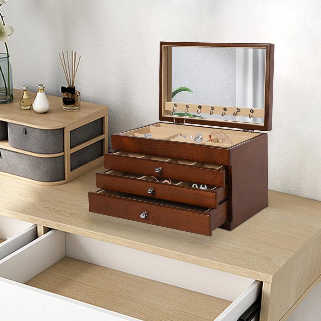 4-layer Large Wooden Jewelry Box W/ Mirror for Women, Jewelry Organizer Watches Necklace Ring Storage Box Great Gift