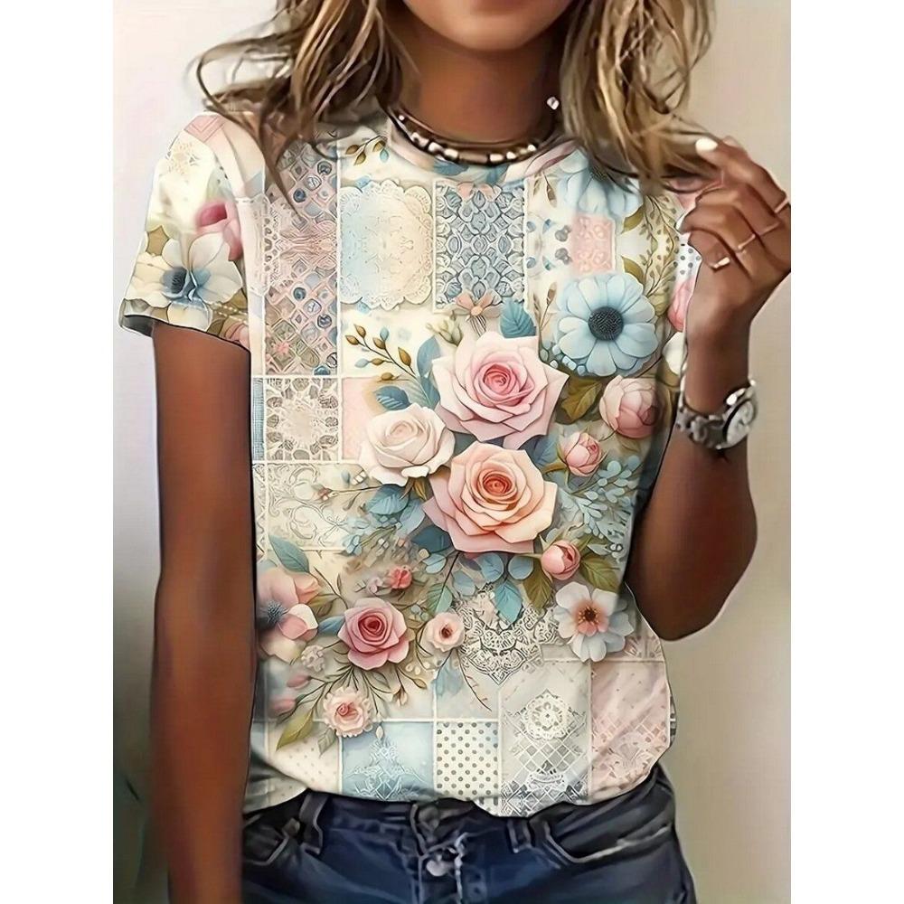 Colorful Flower Print T-shirt Casual Daily Flower Print