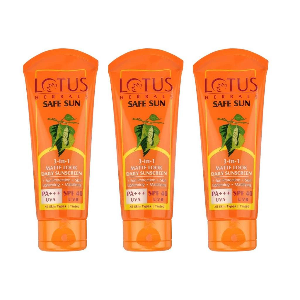 Lotus Herbals Safe Sun Crème Solaire Teintée 3 en 1 Quotidienne | Aspect Mat | SPF 40 | PA+++ | Pour Tous les Types de Peau | 50g (Paquet de 3)