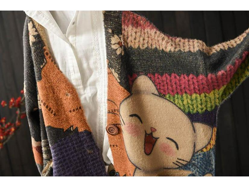 Vintage Autumn Winter Faux Mink Print Cardigan - Women's Loose Slimming Long Sleeve Knit Top