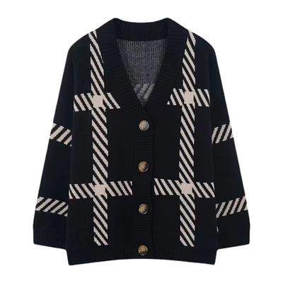 Schwarzer gestreifter Strickcardigan Damen Herbst Neu Koreanische Version Lockerer und lässiger Stil Einfache und vielseitige Strickjacke