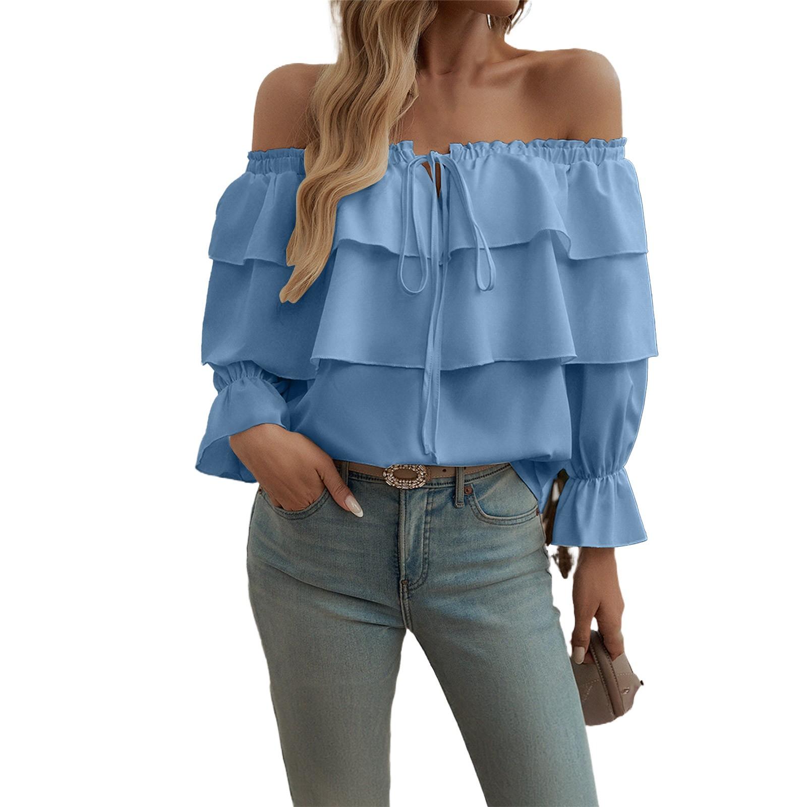 Женский свободный повседневный однотонный топ с оборками и короткими рукавами, модный топ с длинными рукавами S синий
