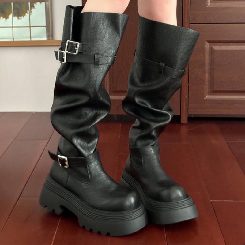 

Платформа Женские Высокие Сапоги Плоская подошва Дизайнерские Сапоги до колена Кожа Зимние Мотоциклетные Сапоги Новая Мода Готика Mujer Botas 40