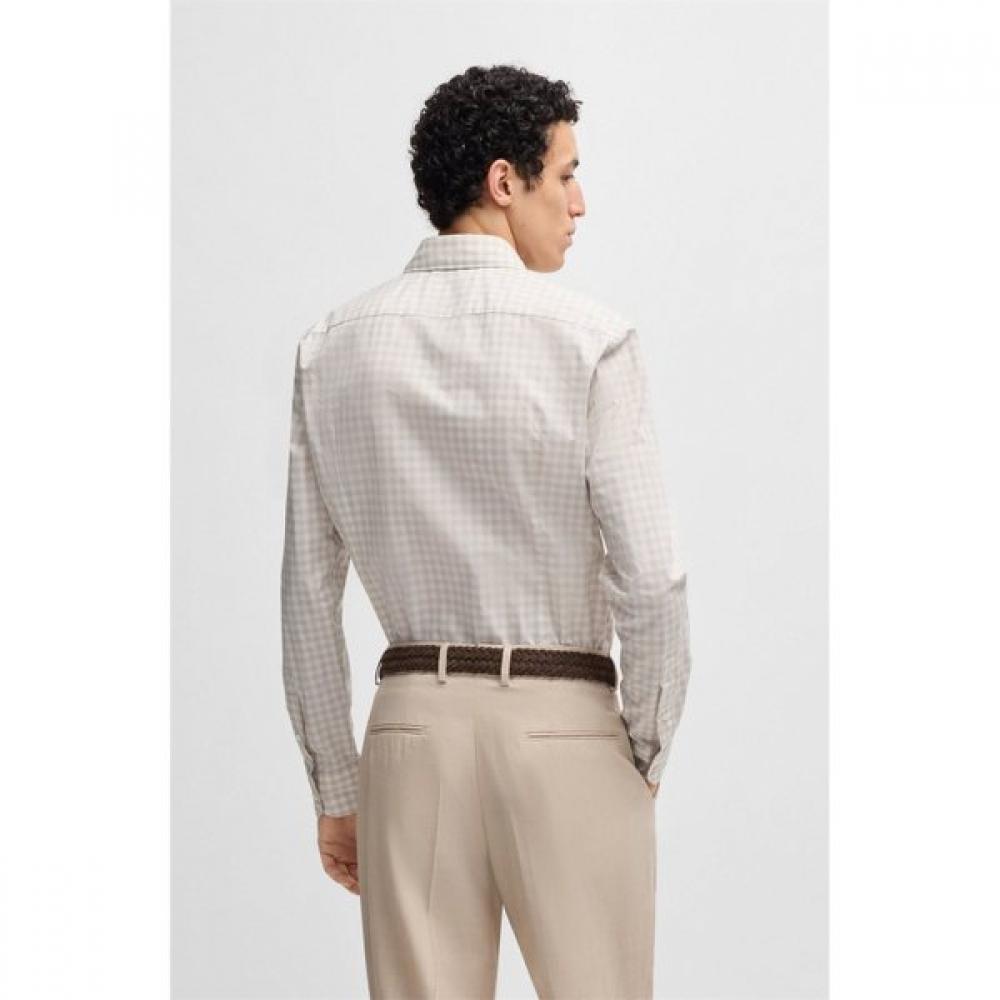BOSS Slim Fit Shirt Light Beige Italian Check Cotton