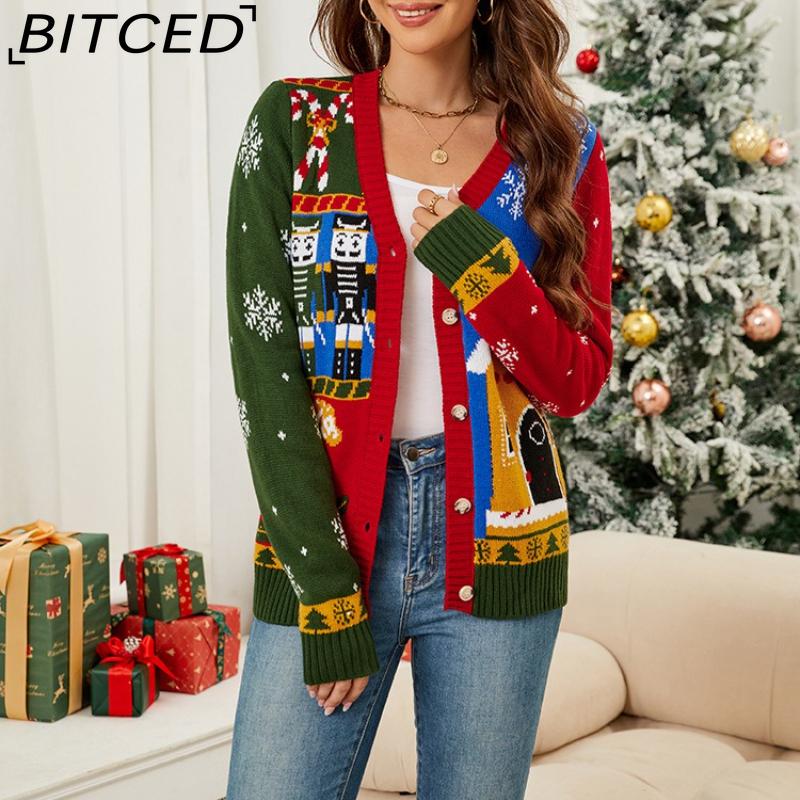BITCED Fall/Winter Long-Sleeve Knit Cardigan Christmas Sweater Cardigan Color-Block Jacquard Christmas Sweater