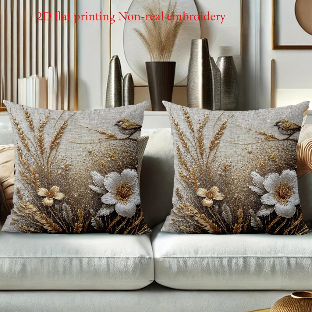 1 Pillowcase 2D Flat Printed Linen Style Pillowcase Cover with Wheat and Bird Pattern Polyester Pillowcase Sofa Cushion Cover