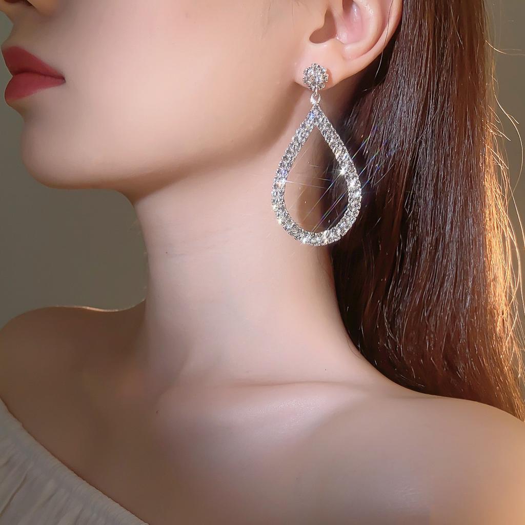 High-end full diamond long earrings for women, fashion temperament rhinestone bridal ear jewelry earrin