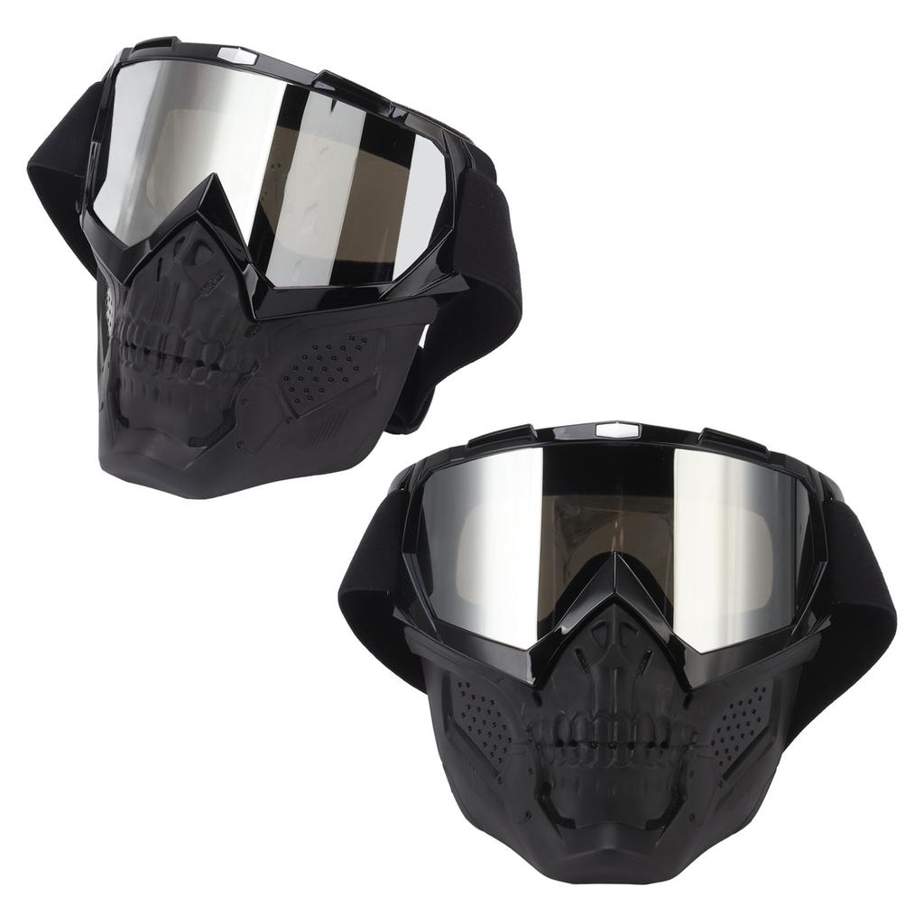 Skull Goggles Mask PC Sponge Detachable Adjustable Motorcycle Protective Mask For Off Road Riding Hiking Black Frame Silver Goggles Lens