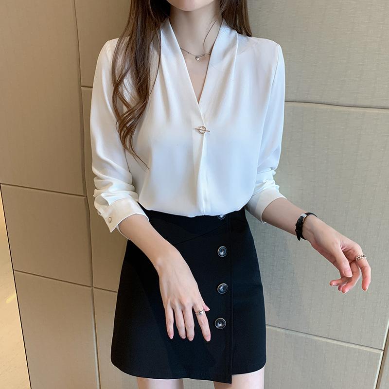 Autumn Chiffon White Shirt Women's Top OL Western Style Light Cooked Hong Kong Style Formal Suit Base V-neck White Shirt