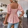 Womens Short Puff Sleeve Square Neck Smocked Peplum Blouse Casual Loose Fit Tiered Ruffle Hem Top for Daily Wear