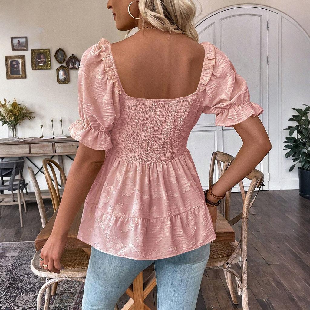 Womens Short Puff Sleeve Square Neck Smocked Peplum Blouse Casual Loose Fit Tiered Ruffle Hem Top for Daily Wear