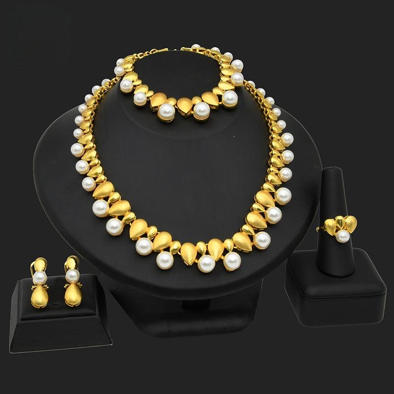2026 Дубай Свадебный Жемчуг Циркон Ожерелье Кольцо Серьги Браслет Четырехэлементный Женский Банкетный Набор Украшений 45CM