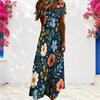 Women Plus Size V Neck Short Sleeve Floral Printed Navy Blue Straight Long Dress