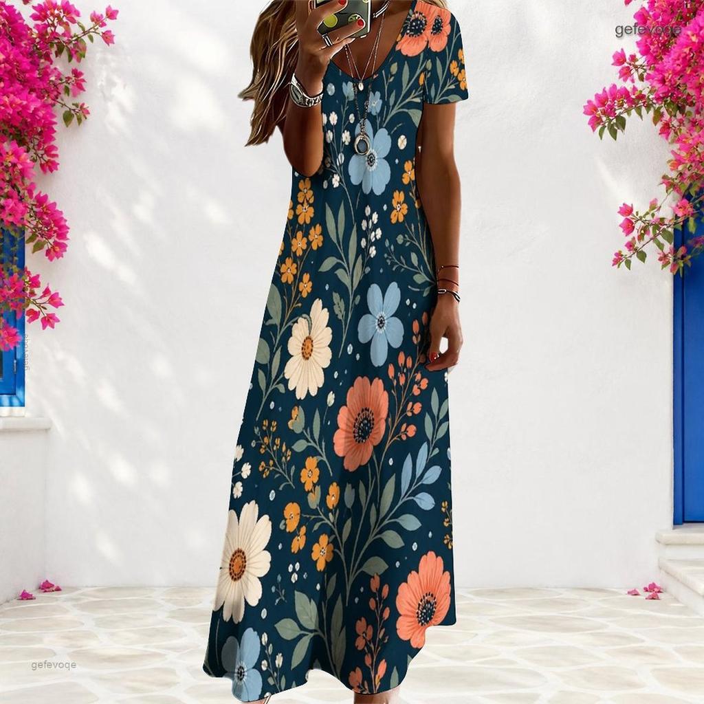 Women Plus Size V Neck Short Sleeve Floral Printed Navy Blue Straight Long Dress