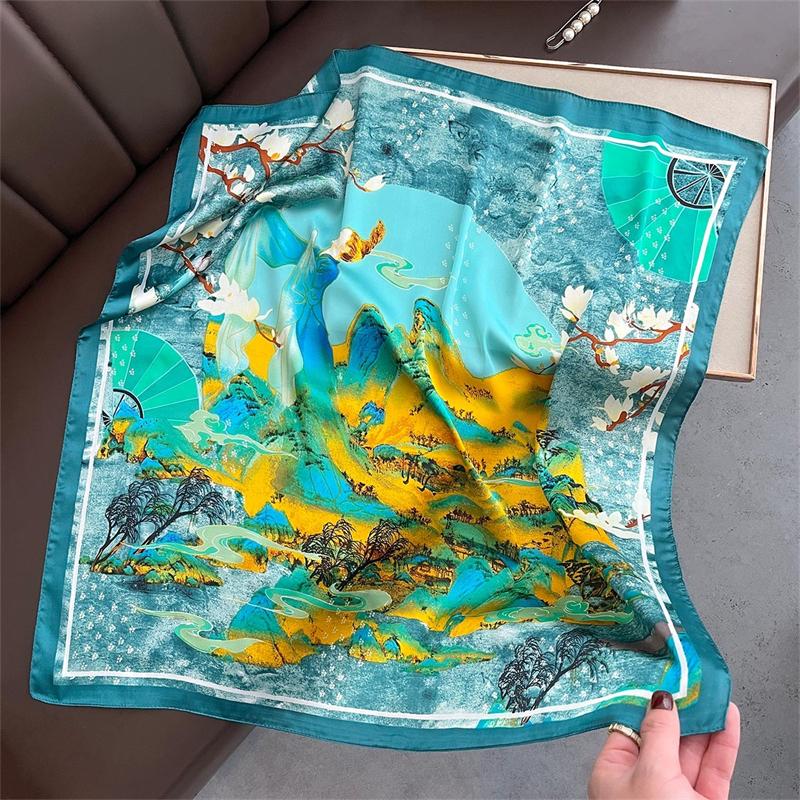 

Fashion Luxury Elegant Silk-like Square Scarf Women 70x70cm Lightweight Landscape Art Print Spring Summer Gift Scarves 70x70cm