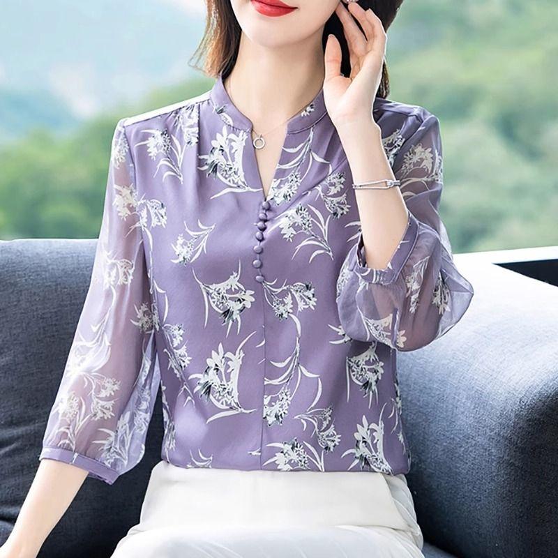 Chemisier en mousseline de soie doux pour femmes, manches bouffantes, hauts et chemisiers coréens pour femmes, cardigan, chemises à imprimé floral, printemps été