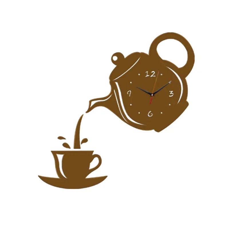 3D Coffee Cup Teapot Self Adhesive Acrylic Mirror Clock Wall Stickers for Home Living Room Decor Wall Clock Wall Sticker Clock