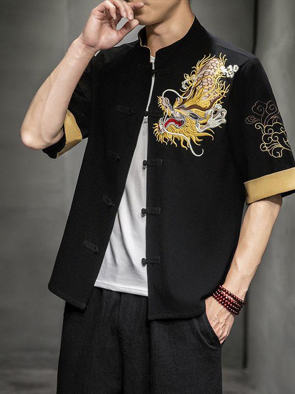 Men's Retro Dragon Embroidery Shirt with Frog Buttons - Casual Short Sleeve, Plus Size