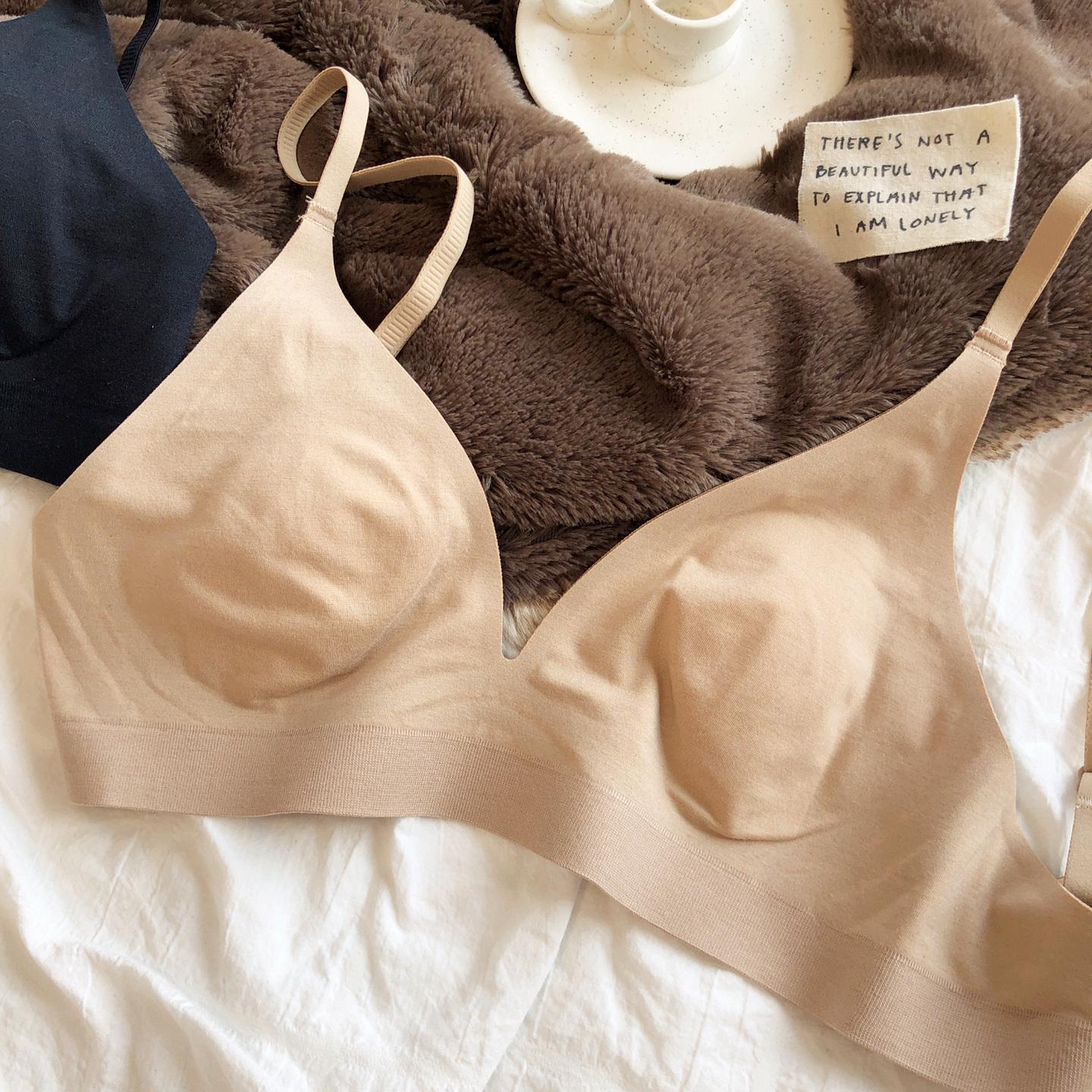 

Французское кашемировое нижнее белье для женщин, сексуальный ультратонкий треугольный бюстгальтер с глубоким V-образным вырезом и эффектом пуш-ап, бесшовный комфортный бралетт, нижнее белье для сна L хаки