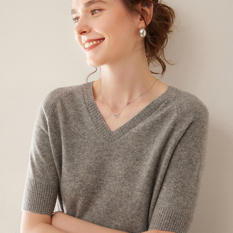 Women's Cashmere V-Neck Raglan Sweater - Short Sleeve, Solid Color, Autumn/Winter Thin Knit T-Shirt