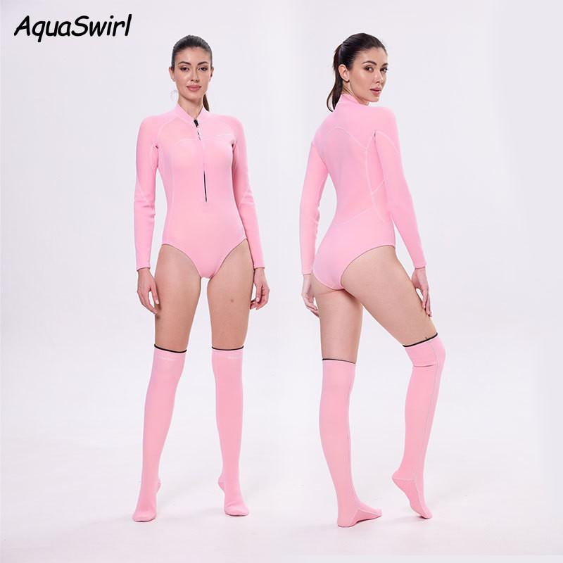 Womens 2mm Neoprene Wetsuit Set Long Sleeve Rash Guard Top Bottom UV Protection Snorkeling Surfing Swimwear
