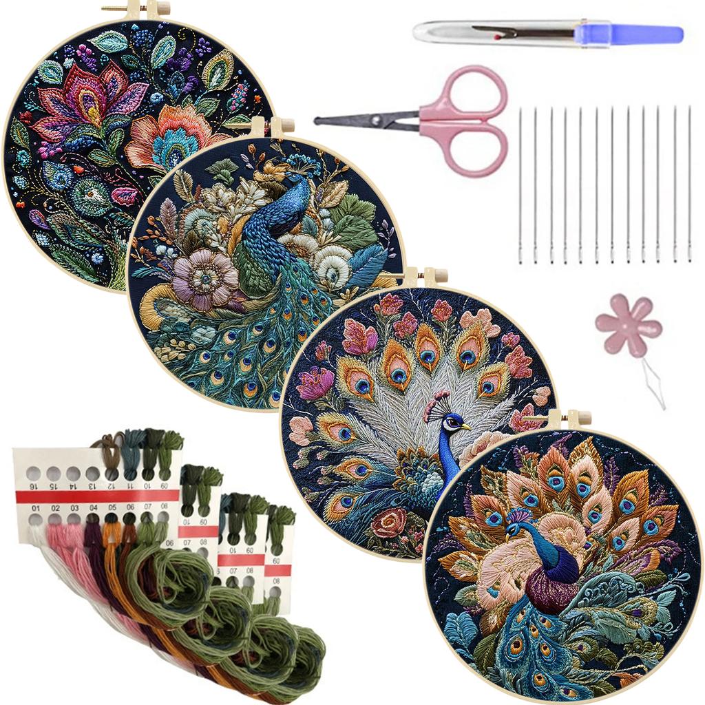 4 Pack Stamped Cross Stitch Kits with Embroidery Hoop Needles Threads Instruction Embroidery Kit Cross Stitch Set for Beginners