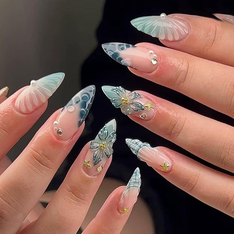 24Pcs Long Almond Press On Nails With Gold Bow And Cherry Pattern Artificial Nail Tips