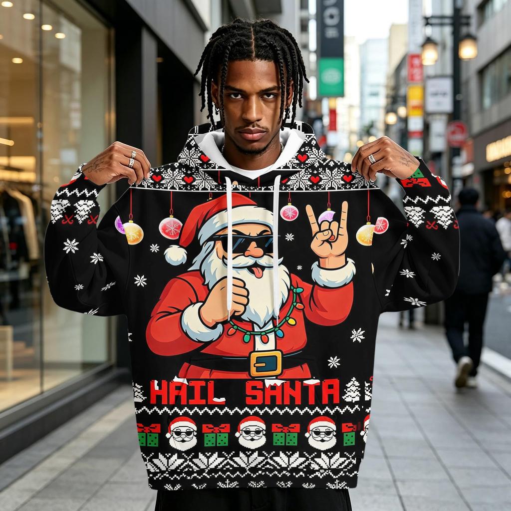 Men's Christmas Print Hoodie with Pocket for Casual Athletic Wear