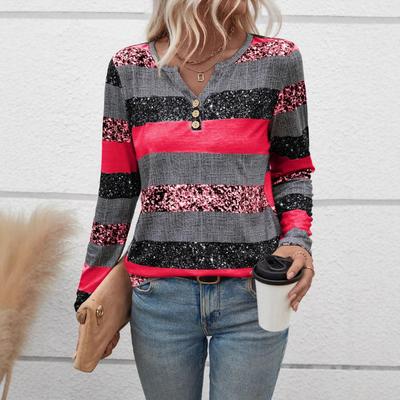 Long Sleeve Striped V-Neck Splicing Button Casual Top T-Shirt Women