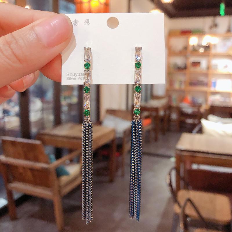 Silver needle zircon chain fringed earrings Japan and Korea fashion elegant exquisite commuter earrings light luxury high-end earrings women