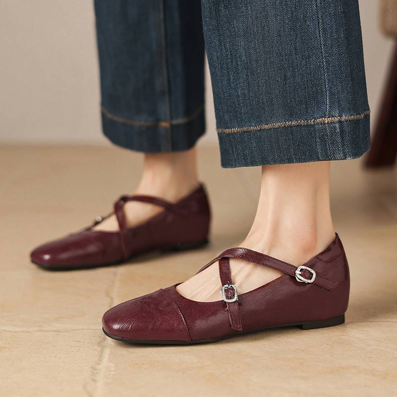 Krazing Pot Sheepskin Round Toe Thick Low Heels Spring Shoes Buckle Big Size 42 Women Mary Janes Pumps