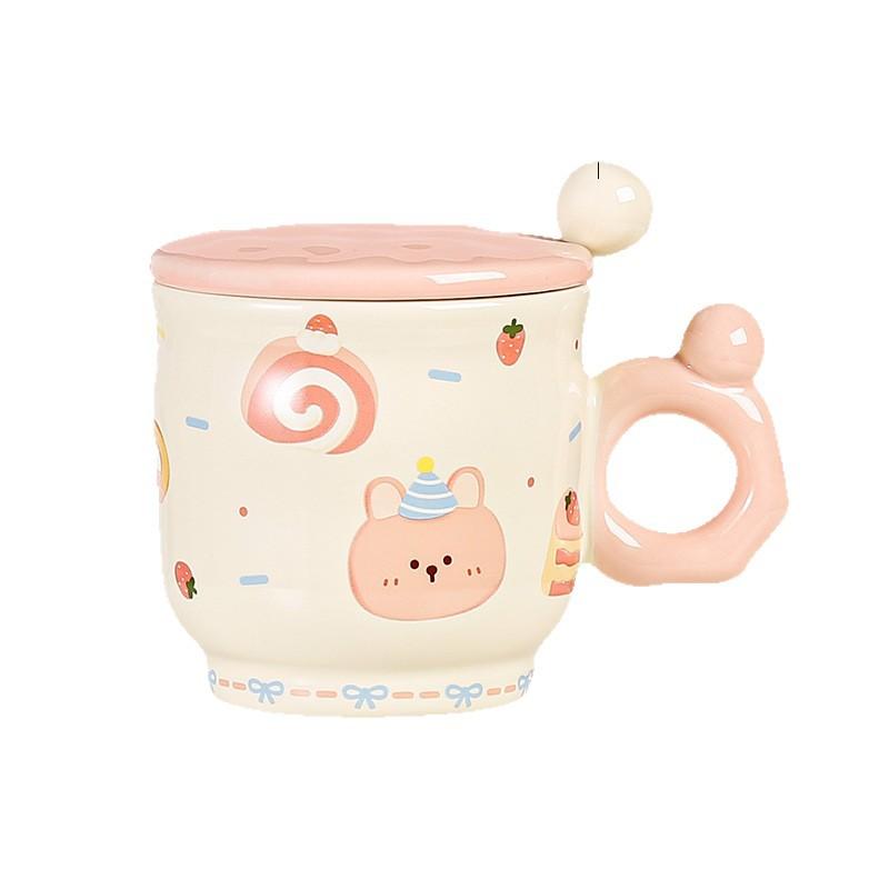 Cute Girl Heart with Cover Mug Cartoon Dessert Bear High Looking Office Ceramic Water Cup Birthday Souvenir