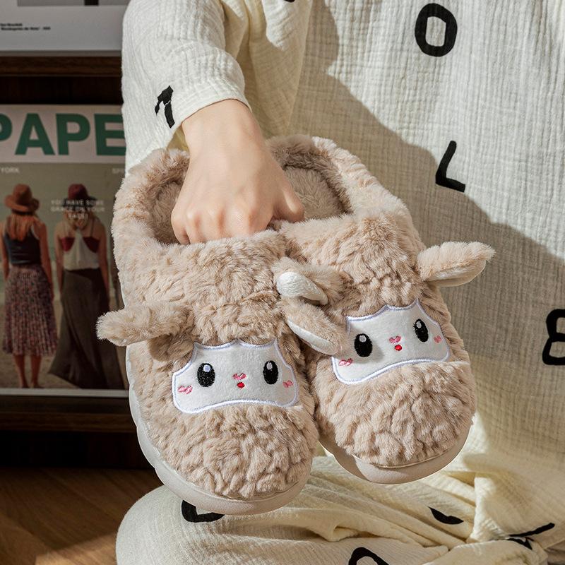 Cartoon sheep cotton slippers indoor home couple warm and velvet thick bottom stepping on shit feeling autumn and winter confinement wool slippers