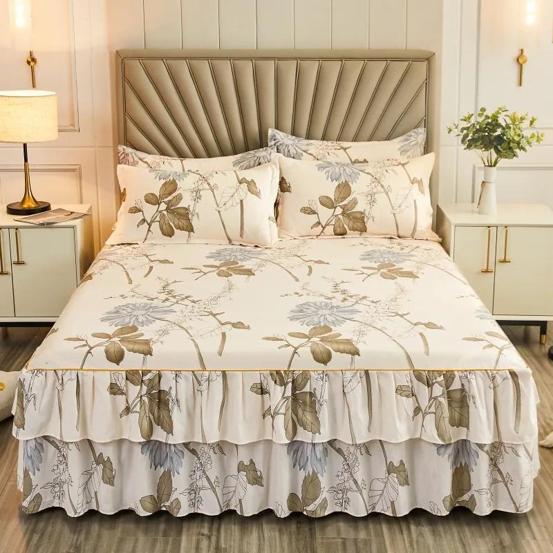 3PC Printed Bed Skirt Set 1Bed Skirt+2Pillowcases Floral Lace Bed Skirt Breathable Soft Bed Cover Bedding Set 360 ° Anti Slip Mattress Protector Cover