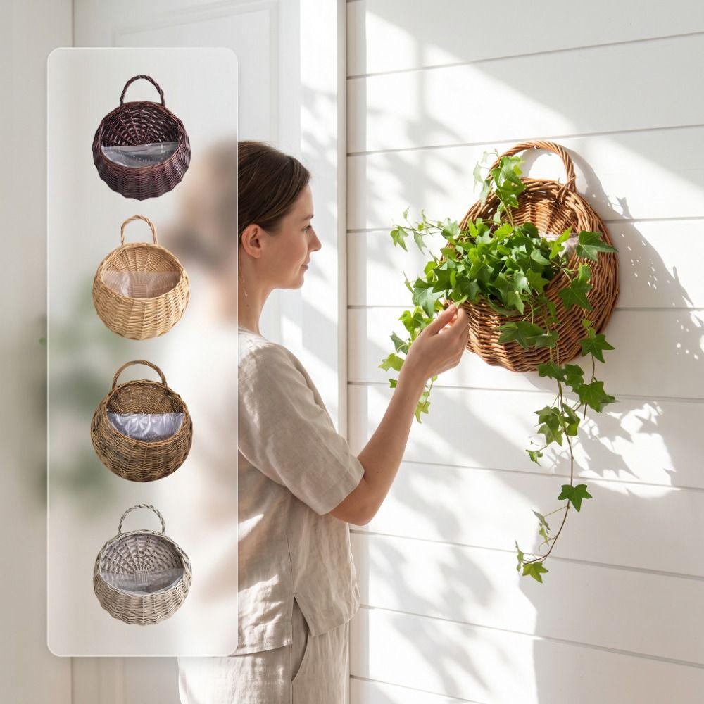 Maceta colgante de pared Jarrón tejido a mano Estilo rústico Cesta macetero de ratán Decoración del hogar