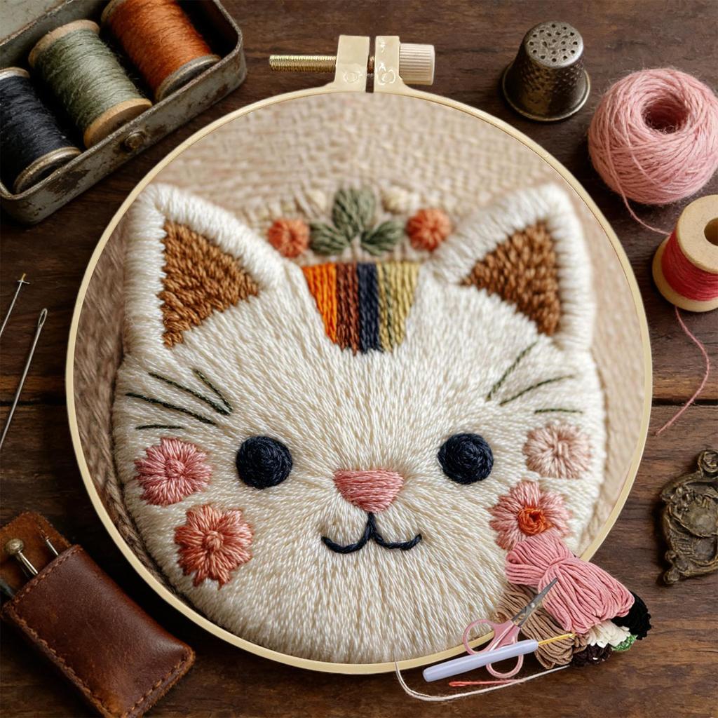 Kit de Punch Needle Tema Gato Fofo Conjunto de Artesanato Bordado Kit de Bordado Punch para Alívio do Estresse Vínculo Pai-Filho Iniciantes Crianças