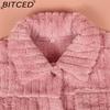BITCED Women's Fall/Winter Ribbed Fleece Cardigan with Collar, Short-Length Jacket