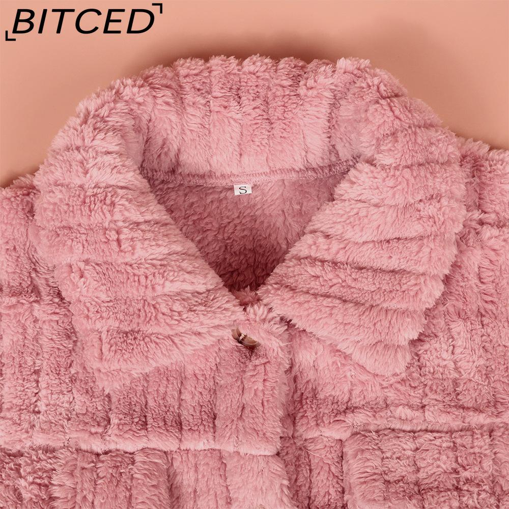 BITCED Women's Fall/Winter Ribbed Fleece Cardigan with Collar, Short-Length Jacket