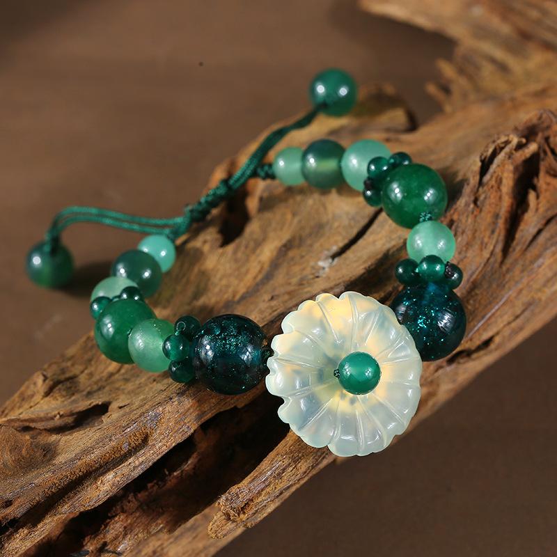 Retro Agate Glazed Short Collarbone Necklace Neck Chain Women's Versatile Jade Flower Bracelet Set Jewelry