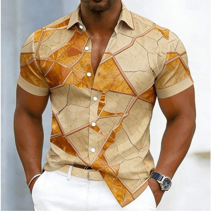 Men's Marble Geometric Line Print Short Sleeve Shirt, Spring Summer Luxury Casual Commute Blouse, Loose Casual Top